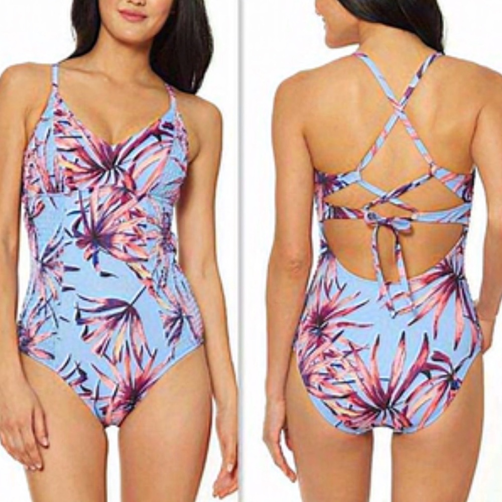 NEW Jessica Simpson Lilac Palmy Days Print One~ Piece Swimsuit Small